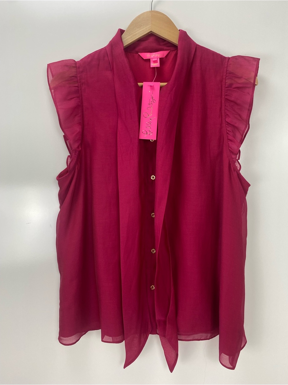 Lilly Pulitzer Magenta Tie-Neck Sheer Ruffle Sleeve Blouse